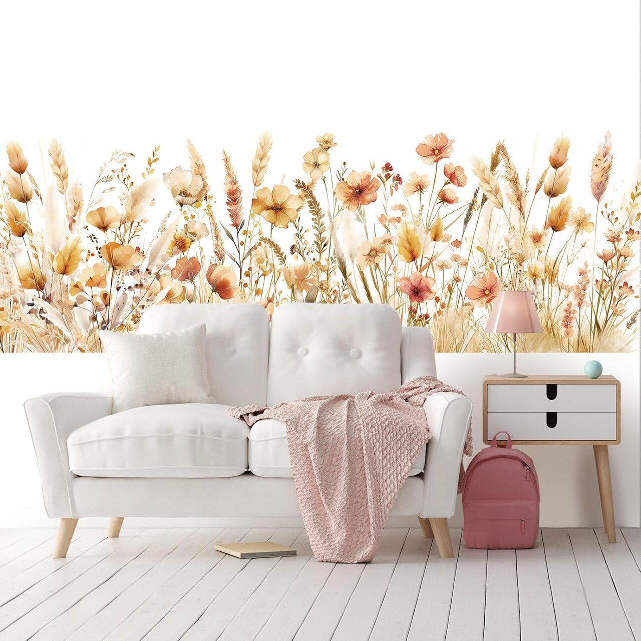 4-Piece Boho Wildflower Wall Decals - Large Watercolor Floral Wall Stickers with Grass & Blooms - Peel and Stick Botanical Art for Nursery, Bedroom, Wedding DIY & Living Room Decor